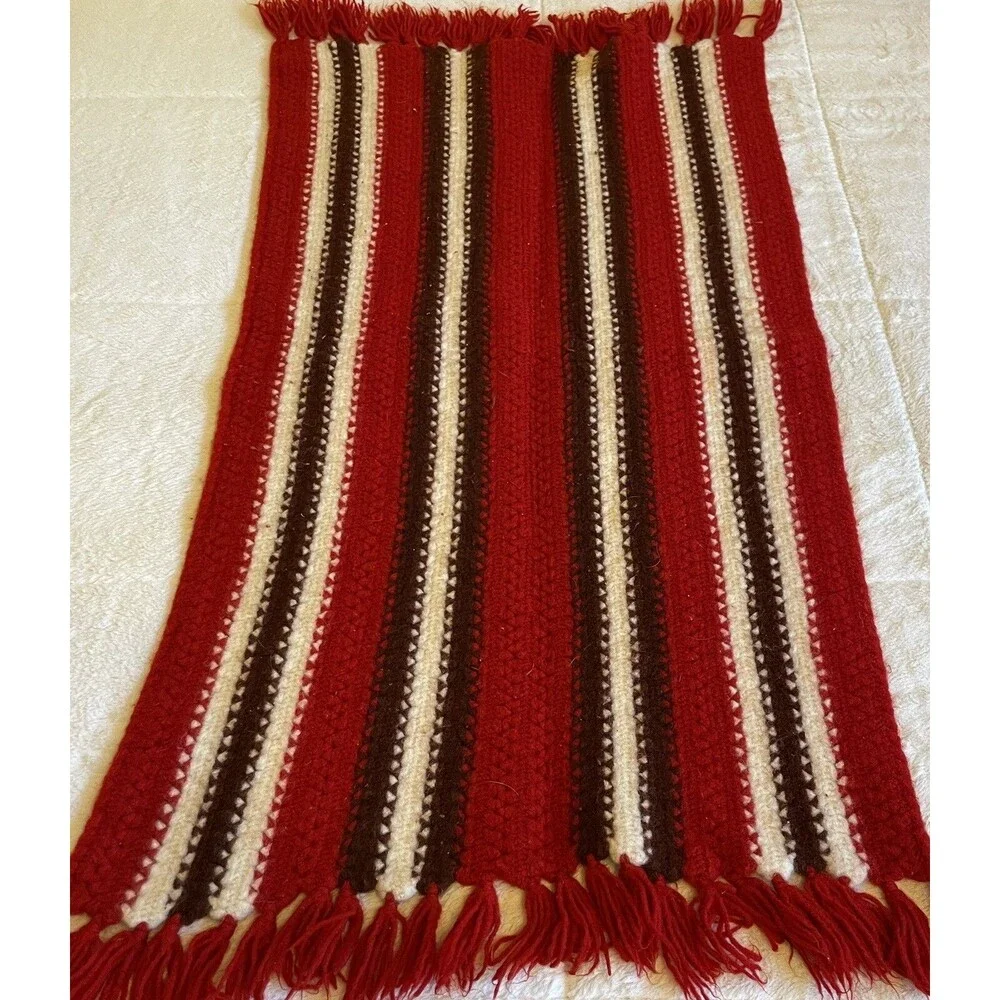 Vintage Felted Wool Afghan Throw Thick Heavy Red Brown White Fringe 47x26